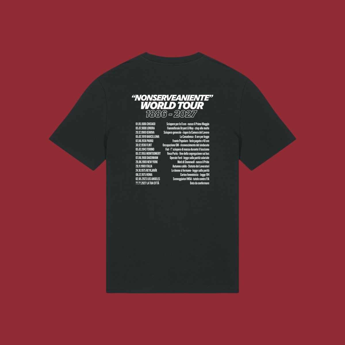 t-shirt nera tanto protestare non serve a niente retro con date del tour